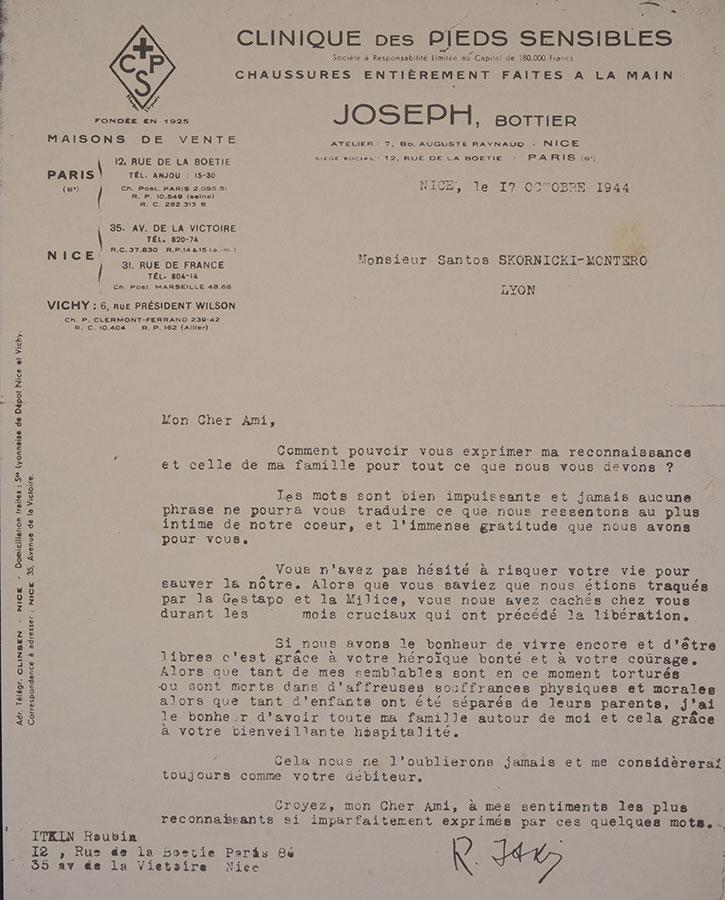 Carta de Itkin Roubin a Skornicki, Niza 17 de octubre 1944
