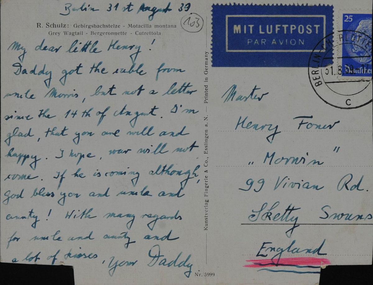 Postkarte vom 31.8.1939