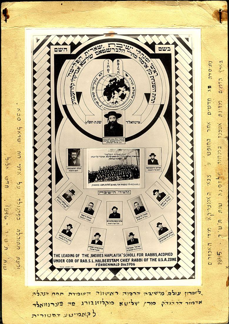 Poster including the Klausenberger Rebbe, Rabbi Yekutiel Yehuda Halberstam, and the teachers and students in the “Sheiris Hapleita Yeshiva” in the Fährenwald DP Camp
