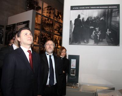 Prime Minister Nikola Gruevski, guided by Director of the Library Dr. Robert Rozett, in the Holocaust History Museum
