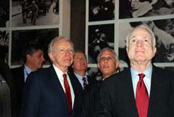 Senators John McCain (right forefront) and Joe Lieberman during a visit to the Holocaust History Museum