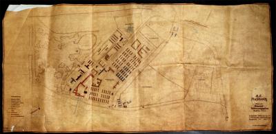 General plan of Auschwitz I including the massive headquarters that were never built, 30.4.1942