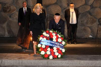 US Vice President Joe Biden and Dr. Jill Biden laying a wreath during the memorial ceremony in the Hall of Remembrance