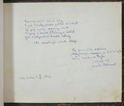 הקדשה שכתב סמק ברונר במחנה גרוס-סרנה, 4.4.1942 