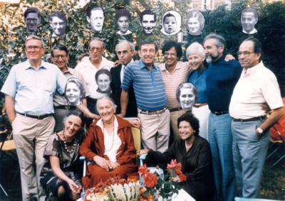 Magda Trocmé and survivors, with their wartime photos are inserted at the top of the photo