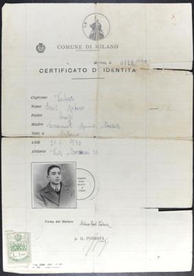 Saul Ventura’s identity card, issued on 9 February 1944. In the pale section on the right it is possible to make out the erasure marks that his father, Luigi made when concealing Saul’s Jewish identity. 