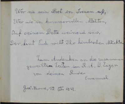 הקדשה שכתב עמנואל גוטמן לאחותו, פרידה גוטמן, במחנה גרוס סרנה בתאריך 19.3.1942