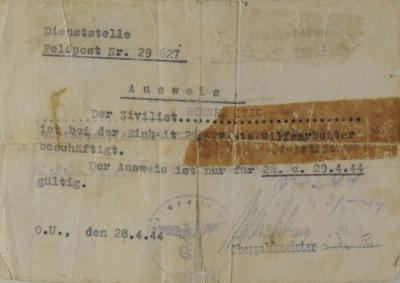 24-hour exit permit from the Falesti camp in the name of Itic (Yitzhak) Rosner in order to visit his son in Iasi, Romania dated 28 April 1944