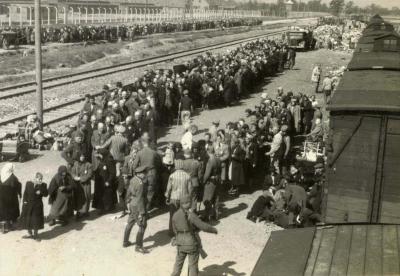 Ebrei che arrivano ad Auschwitz prima di essere sottoposti al processo di selezione 1Ebrei mentre subiscono la selezione sulla piattaforma di arrivo di Birkenau, detta “la rampa”