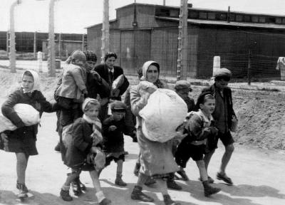 Photo n°33 : Mères et enfants juifs forcés à aller vers les chambres à gaz passant devant les baraques et la clôture électrifiée.