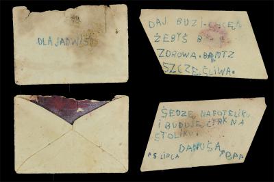 הפתק והמעטפה ששלחה דליה קורנבליט, בזהותה הבדויה כדנוטה (דנושה) ויטולין, אל מי שחשבה שהיא בת-דודתה ידוויגה