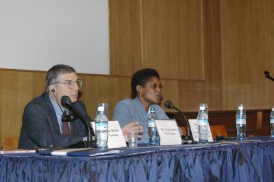 Chairman of the Yad Vashem Directorate Avner Shalev, and Director of Nyamirambo Yolande Mukagasana, in a special session during the seminar