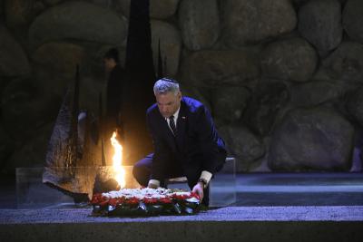 Austrian Chancellor Karl Nehammer lays a wreath in the Hall of Remembrance