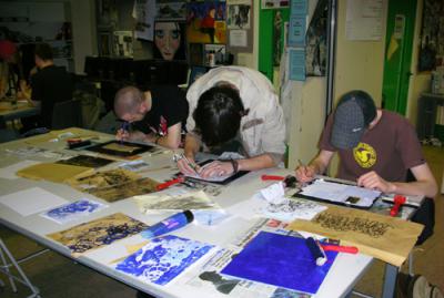 Caroline Slifkin Ashton SFC students responding to persecuted artists workshop with printmaking