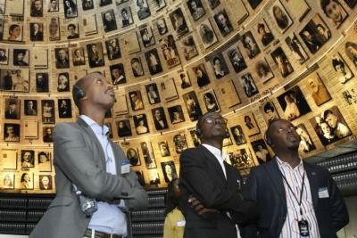 Members of the Kigali Genocide Memorial delegation in Yad Vashem&#039;s Hall of Names, where, to date, some 4.6 million individual Holocaust victims are commemorated