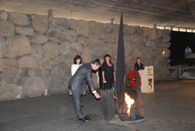 President of the Republic of Albania Professor Doctor Bamir Topi rekindles the flame in a memorial ceremony in the Hall of Remembrance, after an extensive tour of Yad Vashem