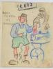 «Un sastre con su tío». Un joven con «peot» y gorra de pie sosteniendo una aguja e hilo junto a una máquina de coser. Al fondo: un hombre con barba y casquete y un cartel, «Lodz»
