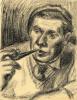 אוזיאש הופשטטר (1905-1994), דיוקן גבר מעשן מקטרת, מחנה הפליטים בירן, שוויץ, 1943