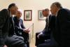 Prince William and Avner Shalev meet with Holocaust survivors, Henry Foner and Paul Alexander at the Yad Vashem Museum of Holocaust Art