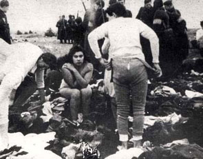 Šķede, near Liepāja, Latvia. Max Epstein and his sister Lea undressing prior  to their execution, December 1941