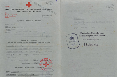 Telegramm vom 19. Juli 1943, das Felicia Beck durch das Rote Kreuz aus England an ihre Mutter Gabriele in Minsk schickte. Felicia wusste zu diesem Zeitpunkt noch nicht, dass ihr Vater drei Monate zuvor gestorben war.