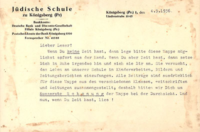 Die erste Seite des Albums der jüdischen Schule in Königsberg, 4.9.1936