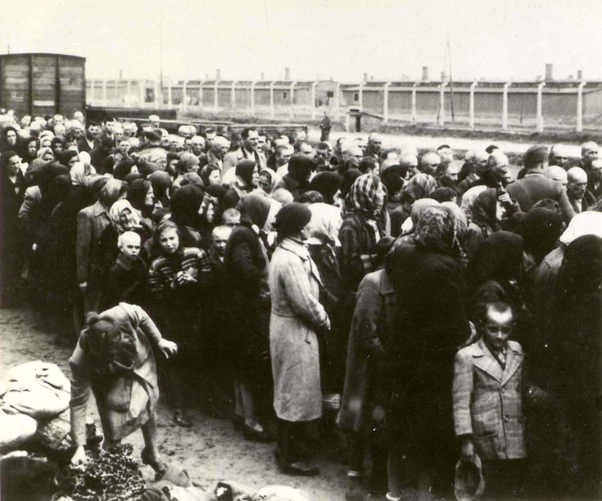 Juifs arrivant au camp avant la sélection. Les arrivées de masse comme celle-ci étaient presque quotidiennes durant l'été 1944, quand l'assassinat des Juifs de Hongrie était à son paroxysme.