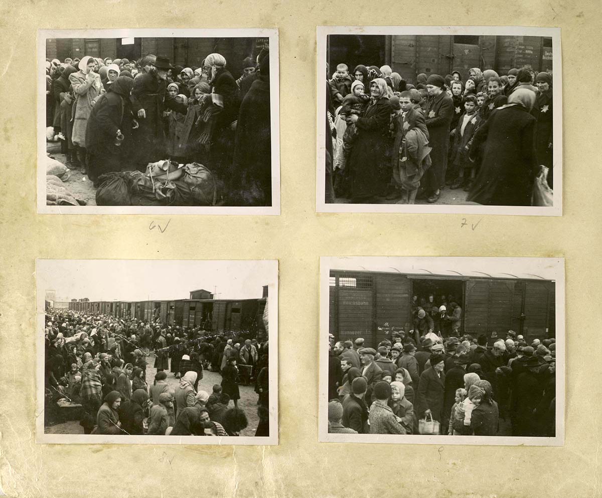 Männer, Frauen und Kinder auf dem Ankunftsbahnsteig in Birkenau, der als „Rampe“ bekannt ist. Die Juden wurden aus den Deportationszügen auf die Rampe geholt, wo sie einem Selektionsprozess unterzogen wurden – die meisten wurden sofort in den Tod  geschickt, andere zur Zwangsarbeit eingesetzt.