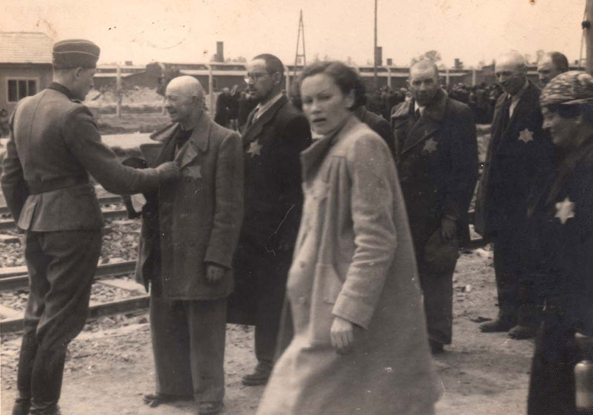 רופא אס-אס בוחן את בריאותו של היהודי העומד לפניו. האישה בחזית: גזה לייבץ (Geza Lajtbs) מבודפשט
