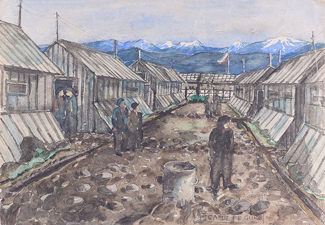 לאו ברויאר (1893–1975). "שביל בין הצריפים, מחנה גירס, 1941"