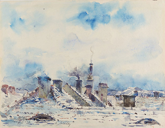 מוריץ מילר (1887–1944). "גגות בחורף, גטו טרזין, 1944"