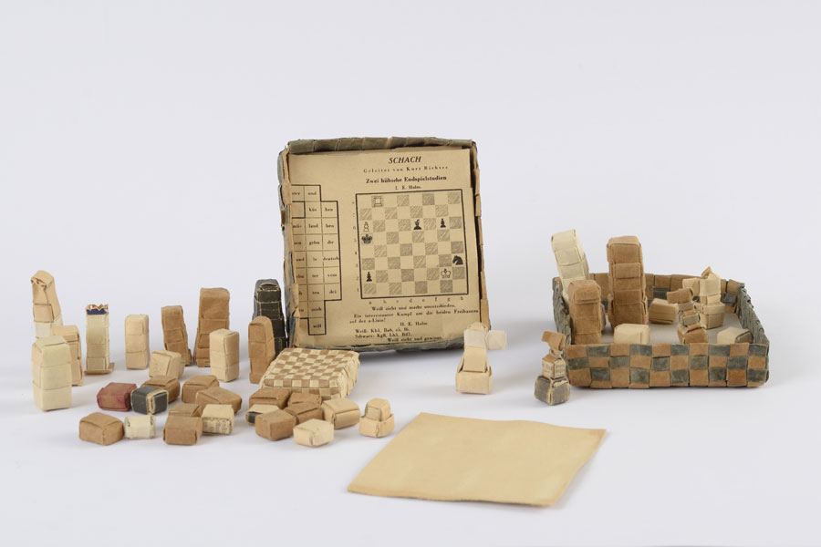 Chess set made from paper by Hermann Rautenberg in the Buchenwald camp where he was imprisoned until his execution