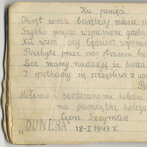 Pages from Yitzhak-Frantisek Levi’s notebook displaying the dedication written on January 18th, 1943 by his friend Leon Szayman on the ship “Dunera”