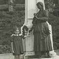 Stella Knobel photographed next to the monument for Adam Miskewitz, Krynica, Poland, 1939