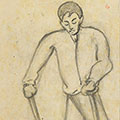 A youth walking with crutches. The image represents the paralysis that many of those detained in Vapniarca were stricken with after eating the poisonous peas that were a staple of the camp diet. Drawn by Gabriel Cohen in the Vapniarca camp