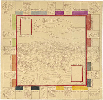 This Monopoly game was made in the graphics workshop in Theresienstadt as part of the ghetto’s underground activity