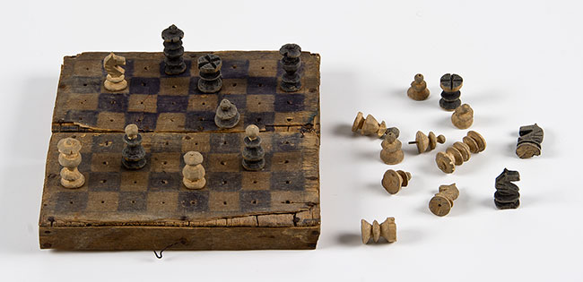 Chess set carved by Julius Druckman in the Obdovka ghetto, Transnistria, 1943