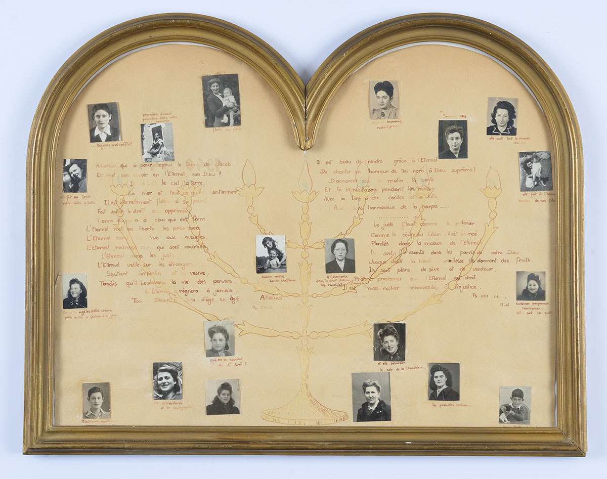 לוח הקדשה שנוצר לאחר המלחמה ובו תצלומי המטפלות בבית הילדים בשאמוני ופעילות תא המחתרת של L'aide la mere aux famille בסנט אטיין.