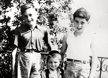 Left to right:  Majer-Marcel Bulka, his brother Albert, and his friend, Alek Bergman, Izieu, summer 1943