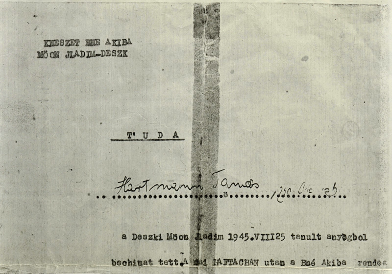 תעודת חברות בבני עקיבא שהונפקה לתומס (צבי) הרטמן בן ה-8 חניך בכפר הנוער בדסק, הונגריה, אוגוסט 1945