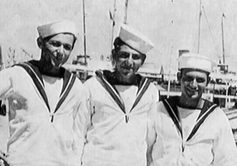 Chaim-Zvi Lorenz (left) and friends in uniform at a naval exercise in Italy, 1960s