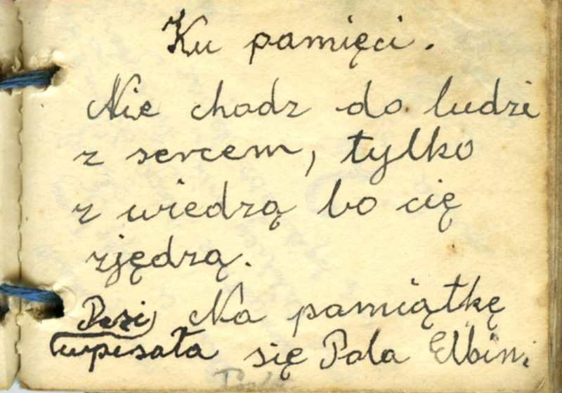 Dedication that Pola Elbin [Elbinger] wrote to her friend Pesia Wasserstrom at the children's home in Zakopane. Poland, 1946