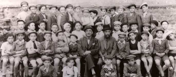 A class, together with its teachers, in the Jewish Orthodox school in Bratislava, before the war