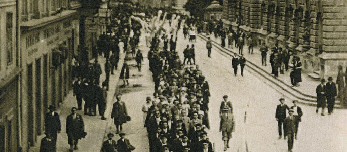 Members of the Maccabi Hatzair youth movement on a parade through the streets of Bratislava, June 1925
