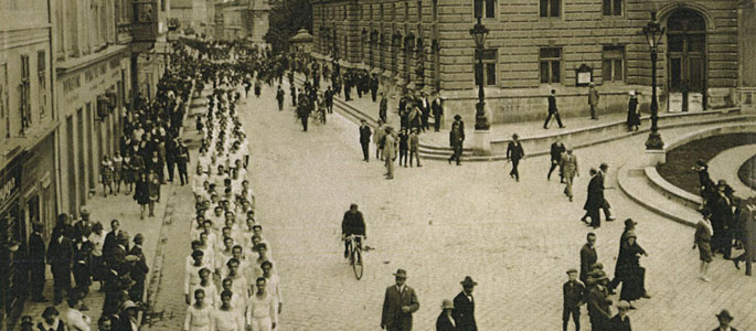 Members of the Maccabi Hatzair youth movement on a parade through the streets of Bratislava, 27-29 June 1925