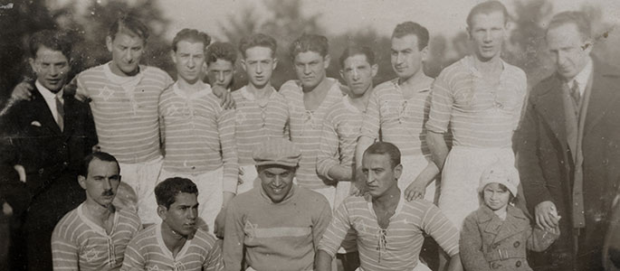 Members of the Maccabi Hatzair soccer team (MSK - Makkabea Sportuvy Klub), September 1930. <br />On this date Maccabi Bratislava won against the D.L.A. team, 4:1. <br />In the front wearing a sport’s cap Maccabi Bratislava’s goalkeeper, Abraham Moshe Ernest Gelley. <br />Courtesy of the photo archive of the Ghetto Fighters' House