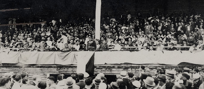 Spectators and fans filling a soccer stadium, most likely the Maccabi stadium belonging to the MSK -  Makkabea Sportuvy Klub (Sports Club Maccabi). 