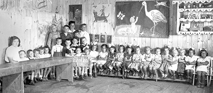School children and their teacher,Voglova in Nováky forced labor camp, Slovakia