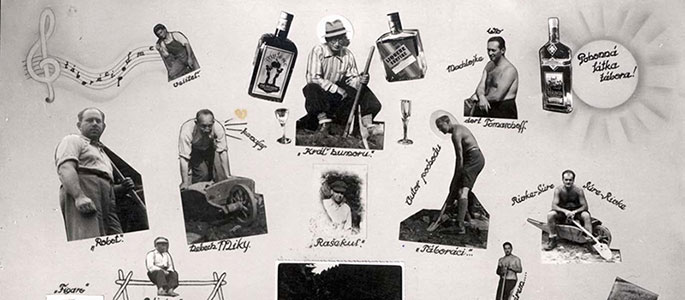 A collage depicting life in the forced labor companies of the Sixth Slovak Brigade