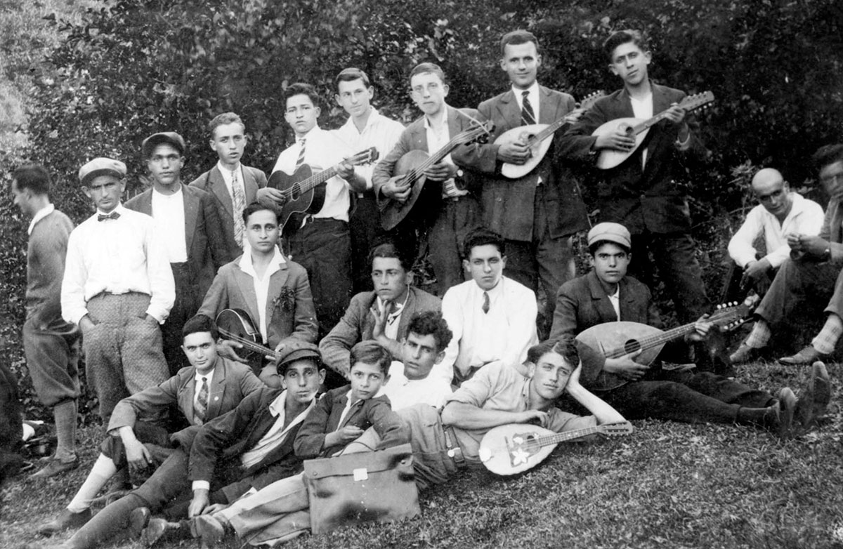 Members of the Jewish Mandolin Orchestra on a hike, December 1929